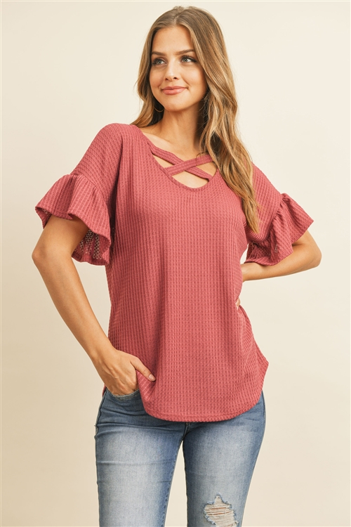 S10-19-4-RFT2172-WF-MV-1 - CRISS CROSS FLUTTER SLEEVE WAFFLE TOP- MAUVE 2-2-1