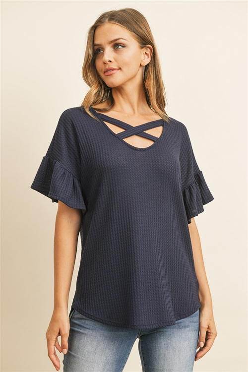 S4-3-1-RFT2172-WF-NV - CRISS CROSS FLUTTER SLEEVE WAFFLE TOP- NAVY 1-2-2-2