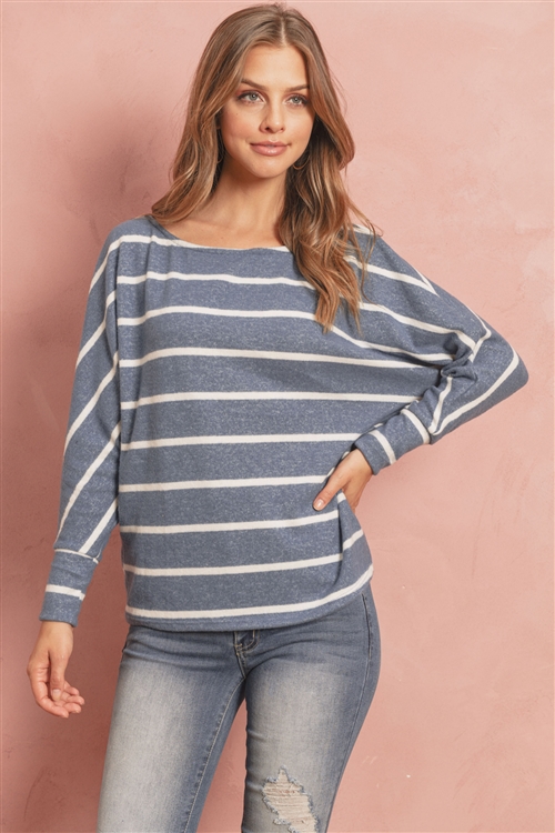 S9-8-3-RFT2175-RS017-TLWT - BRUSHED HACCI STRIPE DOLMAN TOP- TEAL/WHITE 1-2-2-2