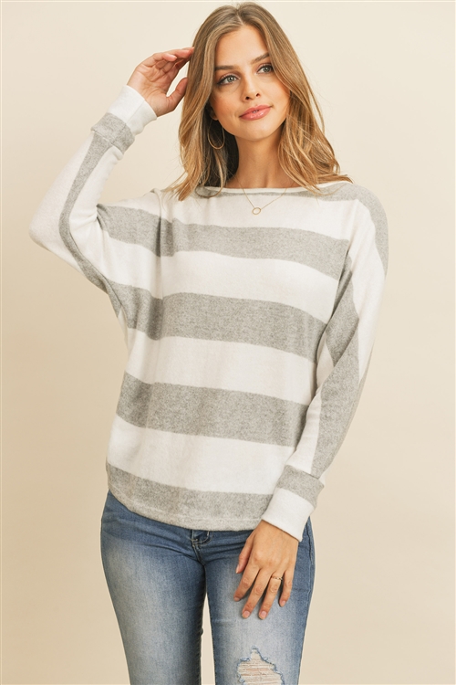 S12-1-1-RFT2175-RS023-HGYWT - STRIPED BOAT NECKLINE SWEATER- HEATHER GREY/WHITE 1-2-2-2