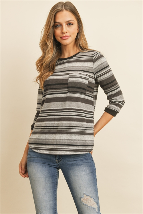 S15-5-2-RFT2185-RS028 - 3/4 SLEEVED MULTICOLOR STRIPE RIB DETAIL POCKET TOP- CHARCOAL/GREY/BLACK 2-2-2