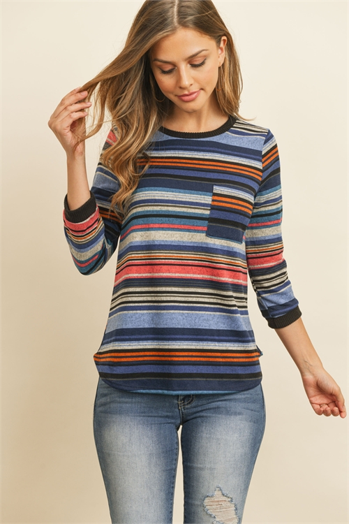 S16-3-4-RFT2185-RS028 - 3/4 SLEEVED MULTICOLOR STRIPE RIB DETAIL POCKET TOP- NAVY/BLACK/ORANGE 3-3-1