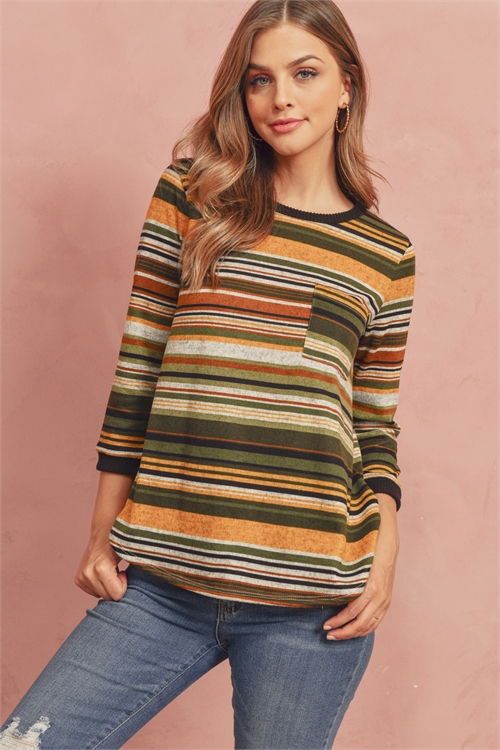 C78-B-RFT2185-RS028-OVBWOR-A -3/4 SLEEVED MULTICOLOR STRIPE RIB DETAIL POCKET TOP-OLIVE/BROWN/ORANGE 0-1-2-1