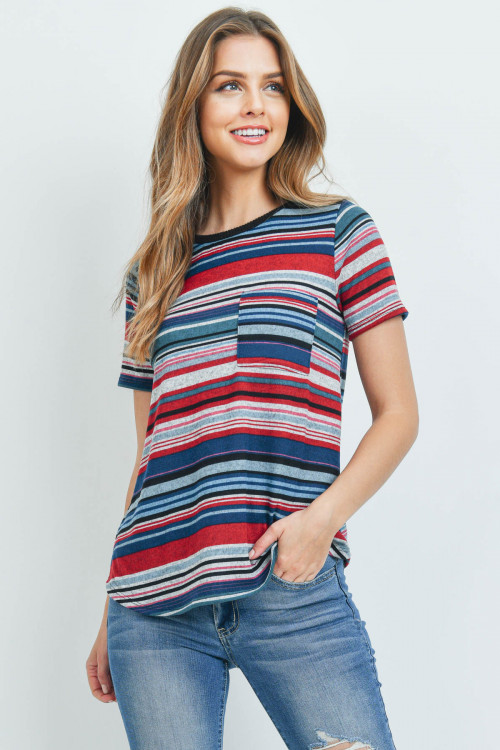 C62-A-2-RFT2185-RS028SS-BKTLPK - SHORT SLEEVE MULTICOLOR STRIPE RIB POCKET TOP- BLACK/TEAL/PINK 1-2-2-2