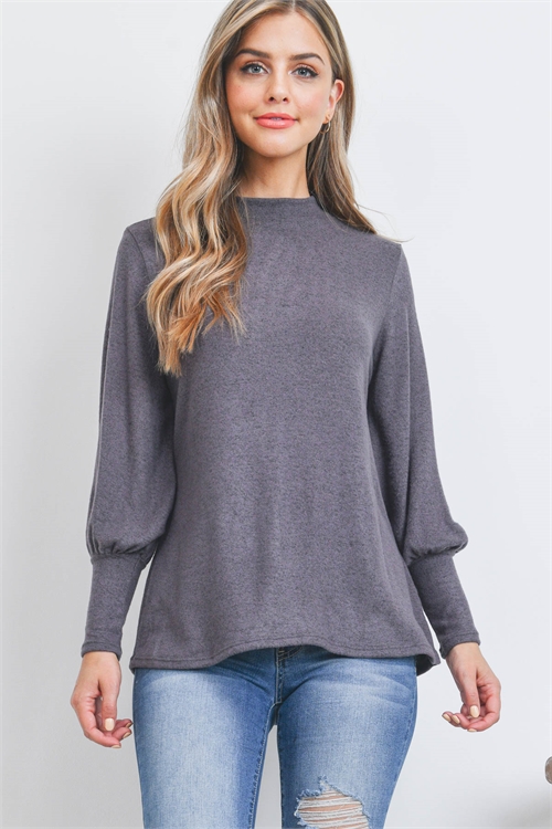 S9-20-2/S11-10-4-RFT2187-RSW008-CHL - PUFF SLEEVE MOCK NECK TOP- CHARCOAL 1-2-2-2