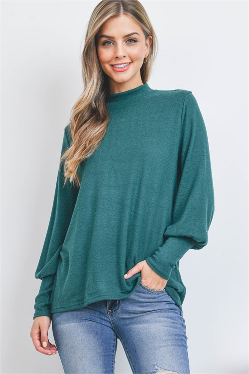 S11-10-2-RFT2187-RSW008-HTGN - PUFF SLEEVE MOCK NECK TOP- HUNTER GREEN 1-2-2-2