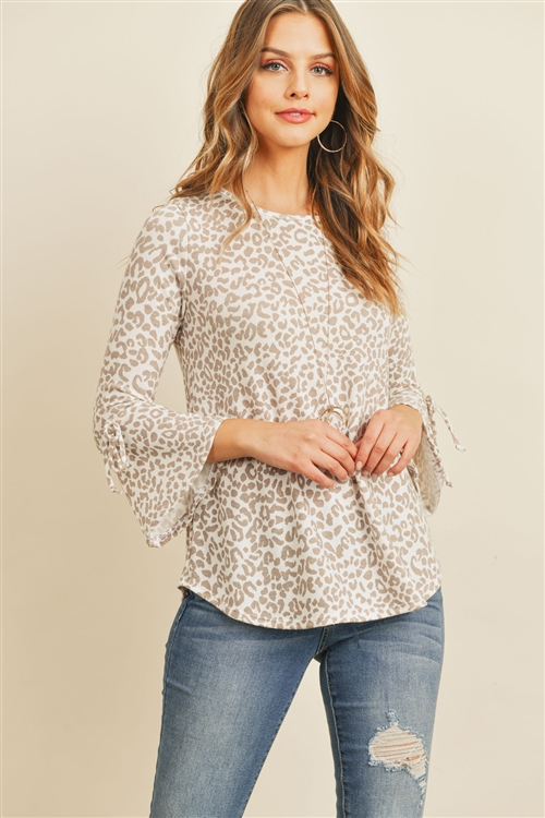 C58-B-RFT2189-RAP098-BNTP - BELL SLEEVE RIBBON DETAIL ROUND NECK LEOPARD TOP- BONE TAUPE 1-2-2-2