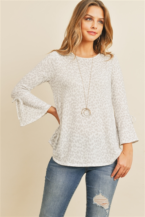 S10-2-3-RFT2189-RAP098-OFWPGY - BELL SLEEVE RIBBON DETAIL ROUND NECK LEOPARD TOP- OFF-WHITE/PALE GREY 1-2-2-2