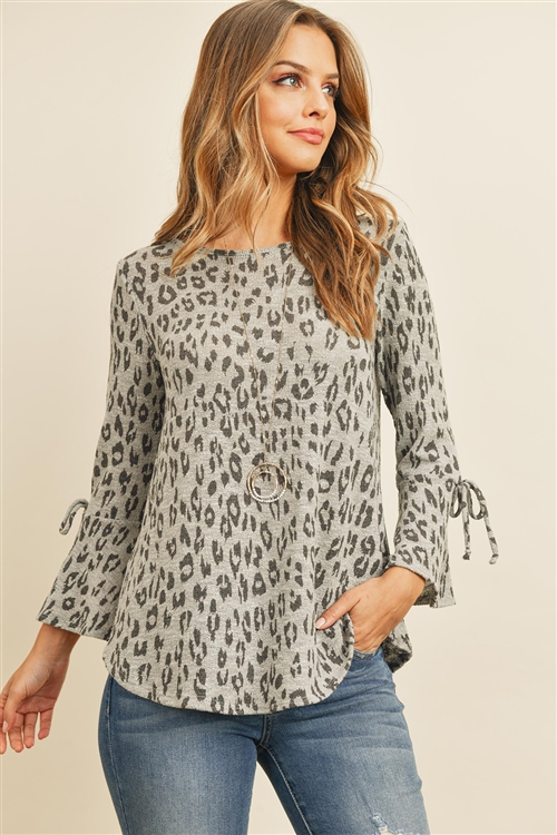 S11-7-2-RFT2189-RAP102-HG - BELL SLEEVE RIBBON DETAIL LOW GAUGE LEOPARD TOP- HEATHER GREY 1-2-2-2