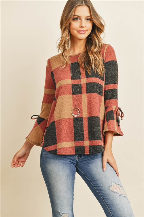 S16-1-3-RFT2189-RPL014-TPBK - RIBBON DETAIL BELL SLEEVE PLAID ROUNDED HEM TOP- TAUPE/BLACK 1-2-2-2