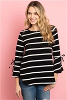 S12-5-3-RFT2189-RS017-BKWT - BELL SLEEVE RIBBON DETAIL STRIPE ROUND HEM TOP- BLACK/WHITE 1-2-2-2