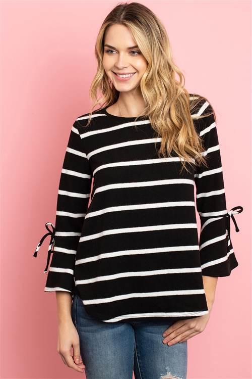 S12-5-3-RFT2189-RS017-BKWT - BELL SLEEVE RIBBON DETAIL STRIPE ROUND HEM TOP- BLACK/WHITE 1-2-2-2