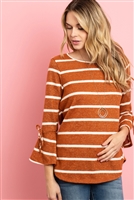 S12-6-3-RFT2189-RS017-CMLWT - BELL SLEEVE RIBBON DETAIL STRIPE ROUND HEM TOP- CAMEL/WHITE 1-2-2-2