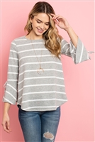 S12-6-3-RFT2189-RS017-HGWT - BELL SLEEVE RIBBON DETAIL STRIPE ROUND HEM TOP- HEATHER GREY/WHITE 1-2-2-2