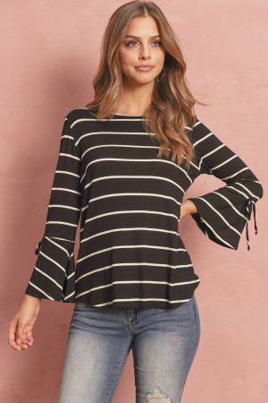 S11-10-2-RFT2189-RS026-BKIV - TIE ACCENTED BELL STRIPE TOP- BLACK/IVORY 1-2-2-2