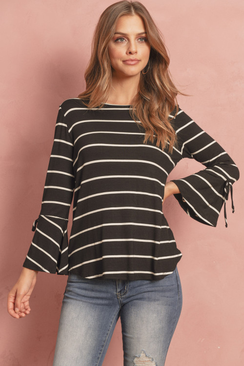 S12-1-2-RFT2189-RS026-BKIV - TIE ACCENTED BELL STRIPE TOP- BLACK/IVORY 1-2-2-2