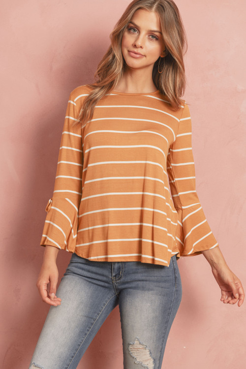 S11-14-3-RFT2189-RS026-MUIV - TIE ACCENTED BELL STRIPE TOP- MUSTARD IVORY 1-2-2-2