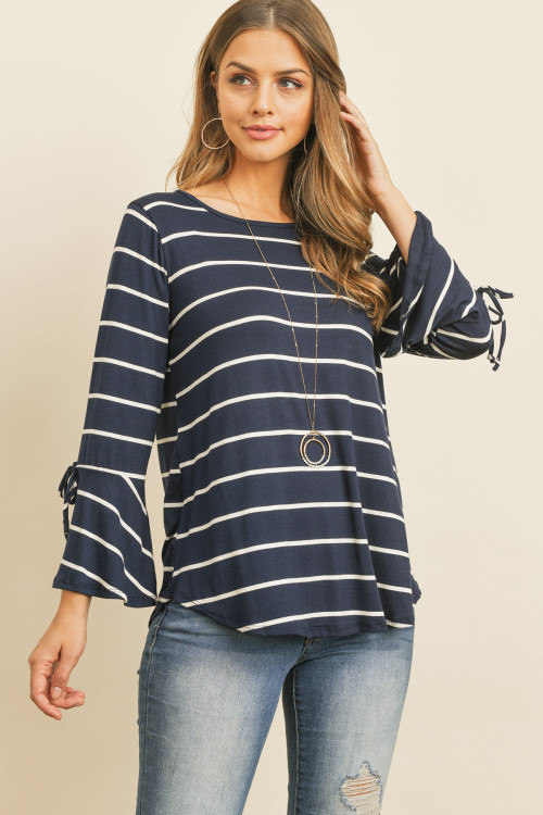 S9-3-2-RFT2189-RS026-NVIV - TIE ACCENTED BELL STRIPE TOP- NAVY/IVORY 1-2-2-2