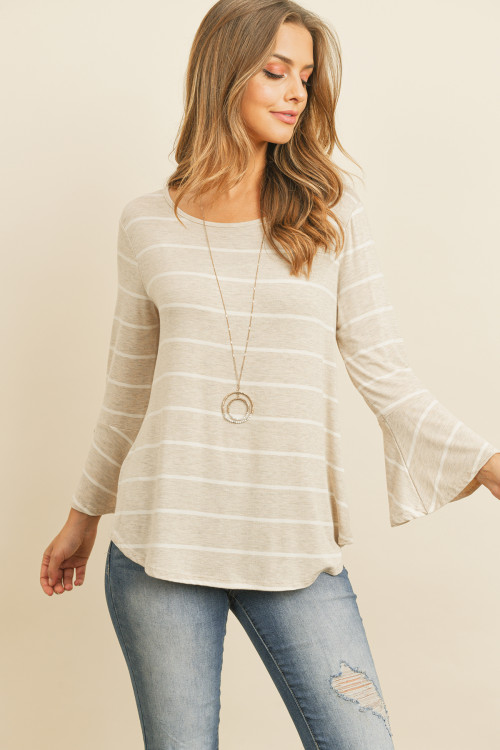 S9-3-3-RFT2189-RS026-OTMIV - TIE ACCENTED BELL STRIPE TOP- OATMEAL/IVORY 1-2-2-2