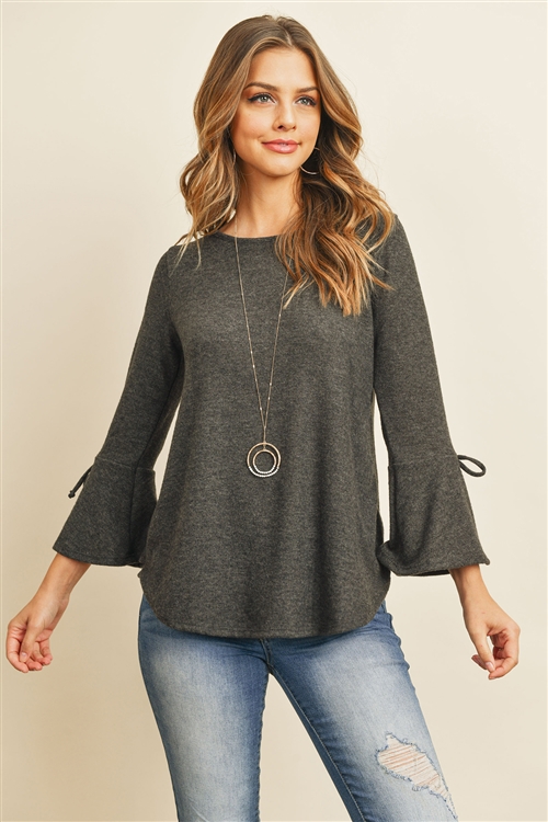 S8-4-4-RFT2189-RSW028-BK - BELL SLEEVED RIBBON DETAIL ROUND NECK TOP- BLACK 1-2-2-2