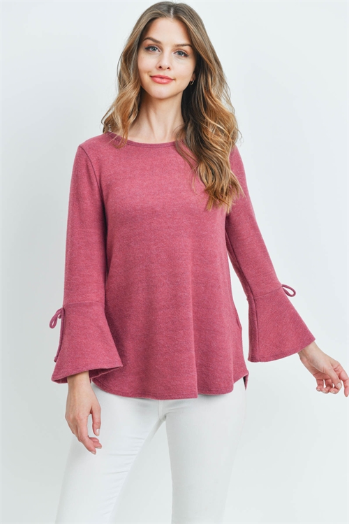 S4-3-2-RFT2189-RSW028-MGT-1 - BELL SLEEVED RIBBON DETAIL ROUND NECK TOP- MAGENTA 1-3-0-0