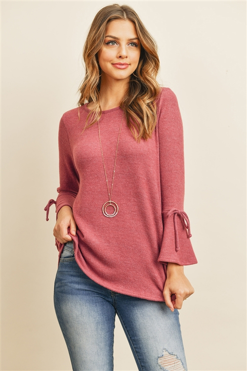 S8-4-4-RFT2189-RSW028-MGT - BELL SLEEVED RIBBON DETAIL ROUND NECK TOP- MAGENTA 1-2-2-2