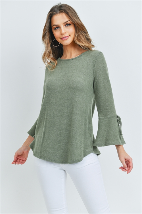 S8-4-4-RFT2189-RSW028-OV - BELL SLEEVED RIBBON DETAIL ROUND NECK TOP- OLIVE 1-2-2-2