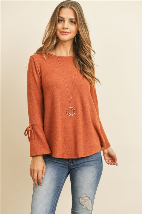 S8-4-4-RFT2189-RSW028-RST - BELL SLEEVED RIBBON DETAIL ROUND NECK TOP- RUST 1-2-2-2