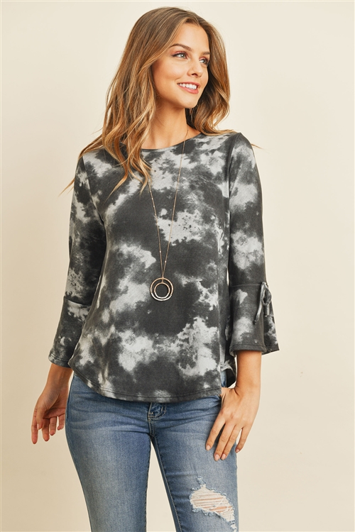 S11-8-2-RFT2189-RTD026-BK - TIE DYE BELL SLEEVED RIBBON DETAIL SWING TOP- BLACK 1-2-2-2