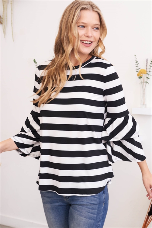 S8-11-2-RFT2200-RS027-BKIV-1 - DOUBLE RUFFLE LONG SLEEVE TOP- BLACK/IVORY 0-2-2-2
