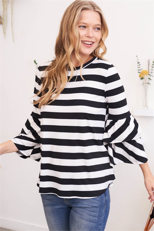 S10-13-3-RFT2200-RS027-BKIV - DOUBLE RUFFLE LONG SLEEVE TOP- BLACK/IVORY 1-2-2-2