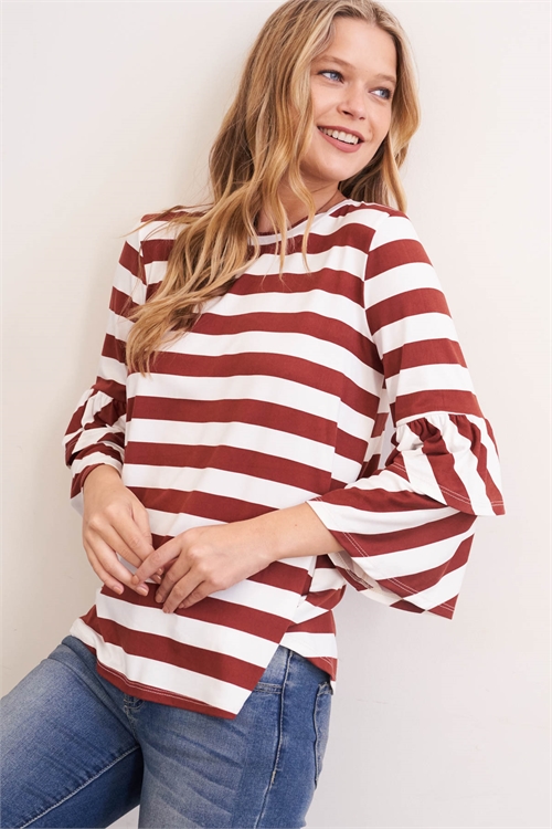 S9-20-3-RFT2200-RS027-MRSLIV - DOUBLE RUFFLE LONG SLEEVE TOP- MARSALA/IVORY 1-2-2-2