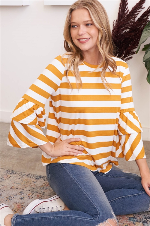 S8-11-2-RFT2200-RS027-MUIV-1 MUSTARD IVORY DOUBLE RUFFLE LONG SLEEVE TOP 0-2-2-2