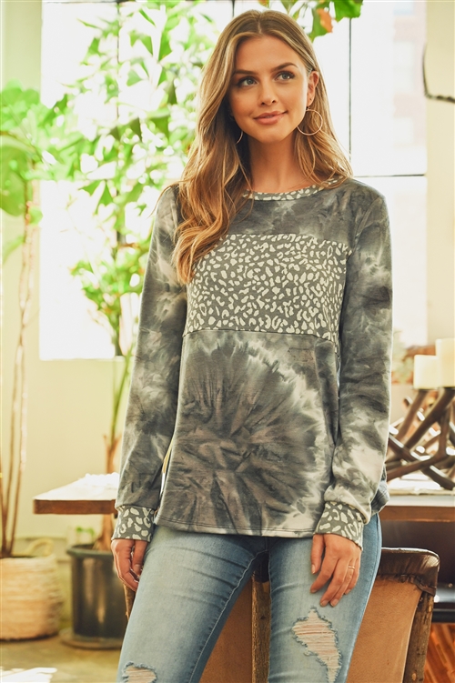 S10-17-2-RFT2207-RTD030C-BKDKGY-1 - LEOPARD CONTRAST TIE DYE LONG SLEEVE TOP- BLACK/D.GREY/OATMEAL 1-2-1-4