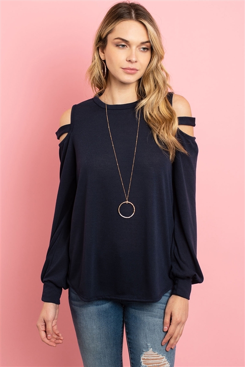 S10-2-1-RFT2213-HC-MDNT - LADDER OPEN SHOULDER LONG SLEEVED HACCI TOP- MIDNIGHT 1-2-2-2