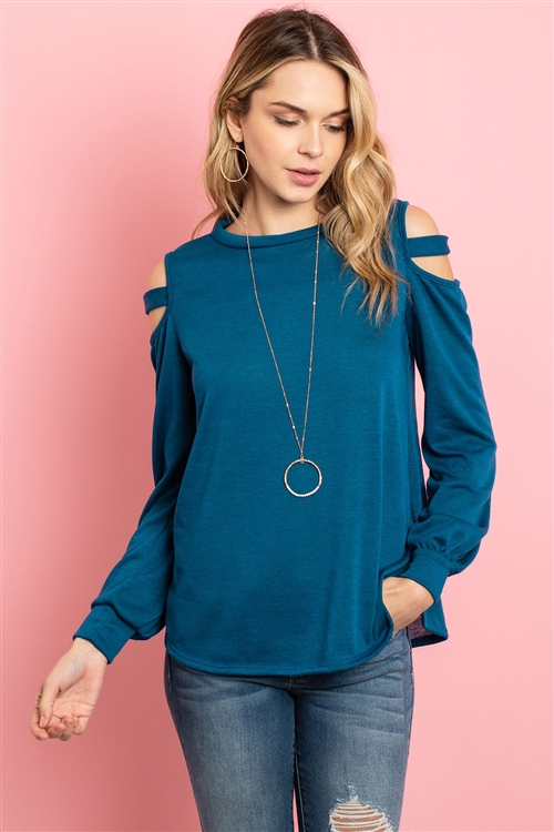 S10-2-2-RFT2213-HC-TL - LADDER OPEN SHOULDER LONG SLEEVED HACCI TOP- TEAL 1-2-2-2