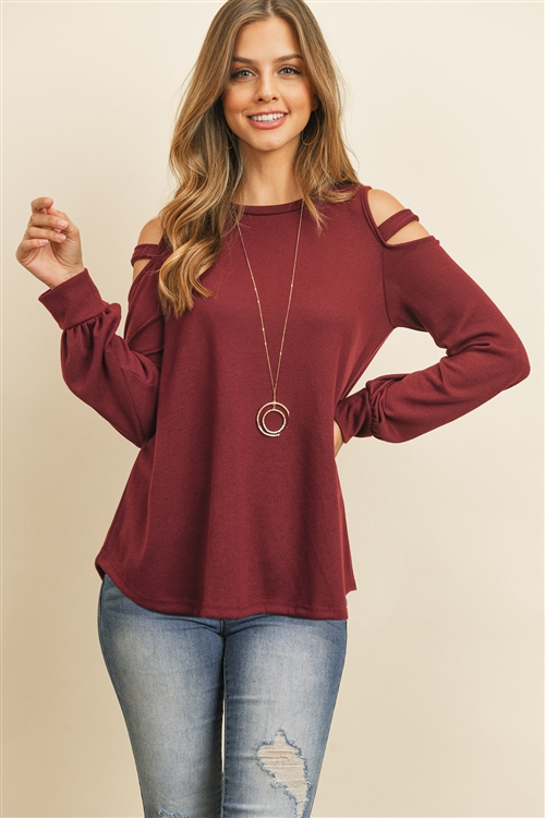 S10-2-2-RFT2213-HC-WN - LADDER OPEN SHOULDER LONG SLEEVED HACCI TOP- WINE 1-2-2-2