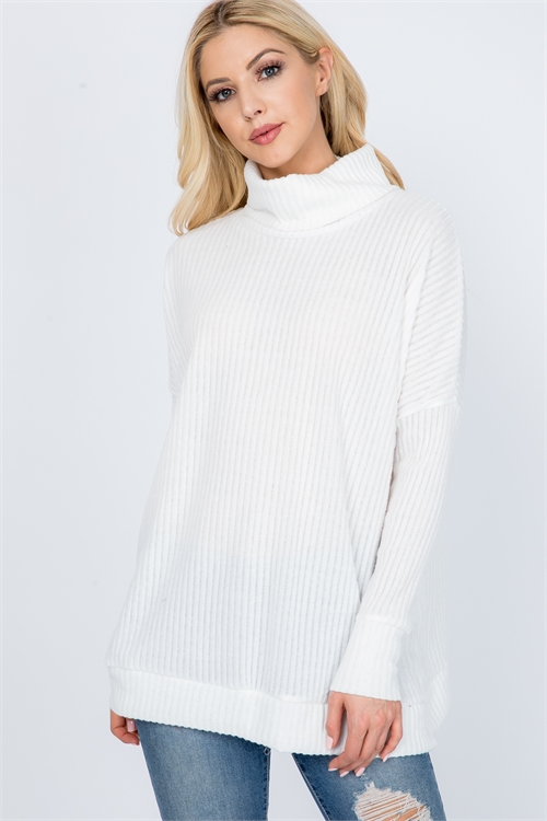 C54-B-RFT2244-RSW035-IV-A - LONG SLEEVED SIDE SLIT COWL NECK RIB TOP- IVORY  2-7-0-0