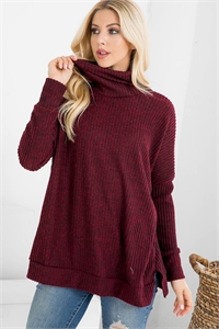 S11-9-2-RFT2244-RSW035-MRN - LONG SLEEVED SIDE SLIT COWL NECK RIB TOP- MAROON 1-2-2-2