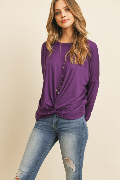 S14-12-4-RFT2249-RSJ-DKEP DARK EGGPLANT SOLID LONG SLEEVED ROUND NECK KNOT TOP 1-2-2-2