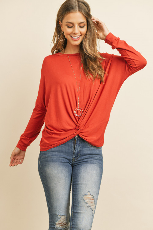 S14-12-3-RFT2249-RSJ-RST RUST SOLID LONG SLEEVED ROUND NECK KNOT TOP 1-2-2-2