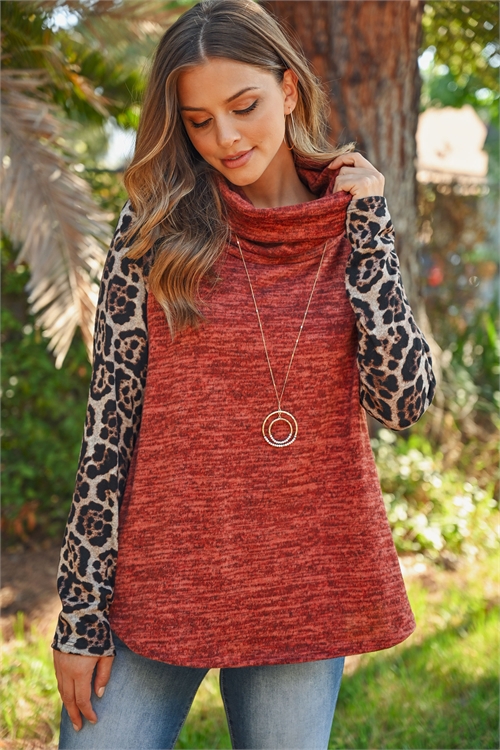S10-19-4-RFT2280-RAP006C-BRBWN BRICK BROWN LEOPARD SLEEVE COWL NECK TWO TONED HACCI TOP 1-2-2-2