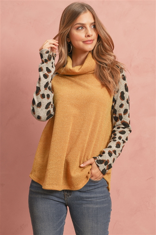 S11-13-2-RFT2280-RAP106C-MUGY-1 - LONG LEOPARD SLEEVE COWL NECK TOP- MUSTARD GREY 3-1-3