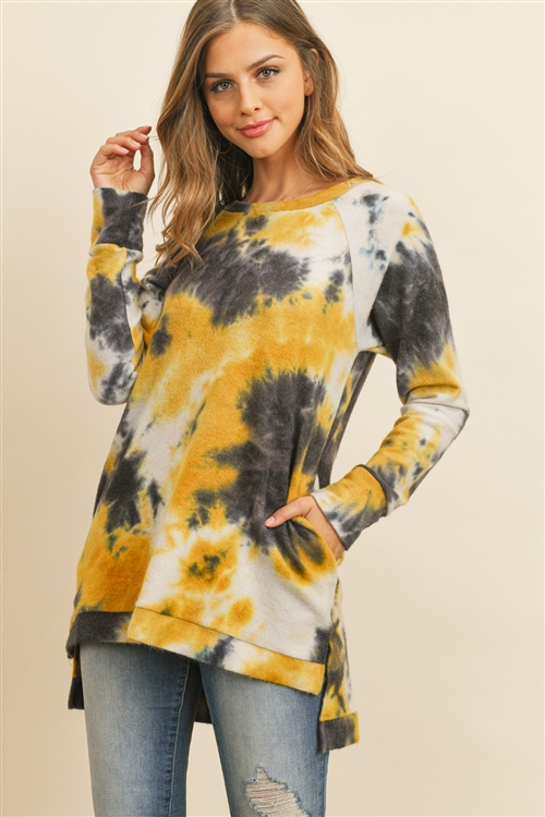 SH-2-RFT2304-RTD027-MUNV-1 - TIE DYE LONG BACK HEM PULLOVER- MUSTARD/NAVY 2-3-0-1