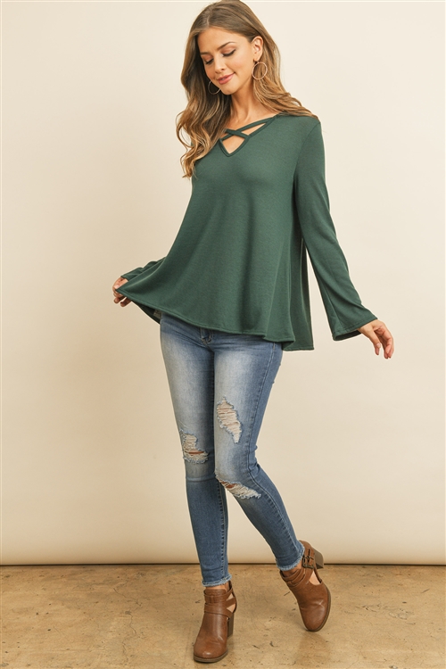 S16-9-4-RFT2313-PRS-HTGN - CRISS CROSS NECK LONG SLEEVE HACCI TOP- HUNTER GREEN 1-2-2-2