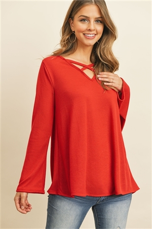 S12-3-5-RFT2313-PRS-RD-3 - CRISS CROSS NECK LONG SLEEVE HACCI TOP- RED 2-2-2-0