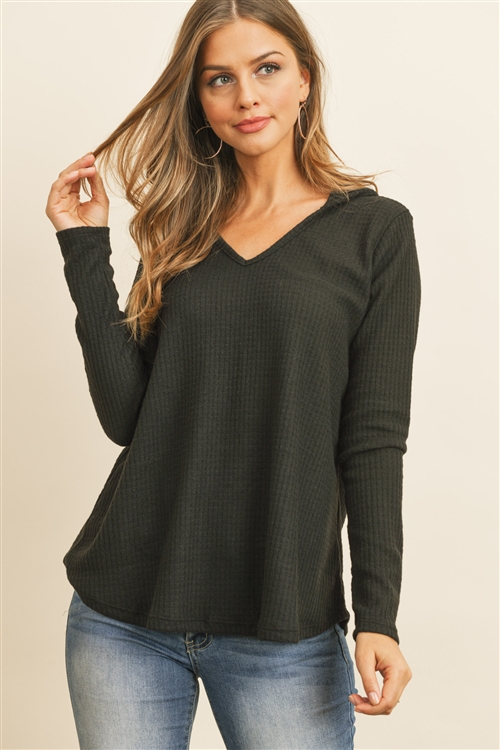 S8-6-4-RFT2319-WFL-BK - V-NECK LONG SLEEVED WAFFLE TOP- BLACK 1-2-2-2