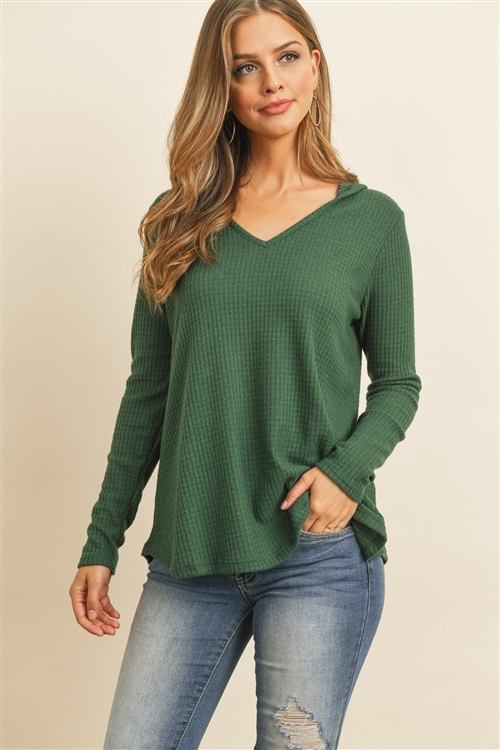 S8-6-4-RFT2319-WFL-HTGN - V-NECK LONG SLEEVED WAFFLE TOP- HUNTER GREEN 1-2-2-2