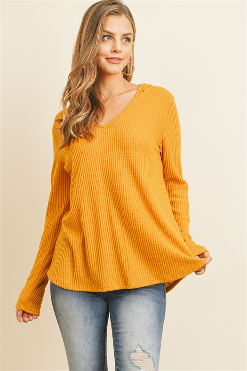 S8-6-4-RFT2319-WFL-MU - V-NECK LONG SLEEVED WAFFLE TOP- MUSTARD 1-2-2-2