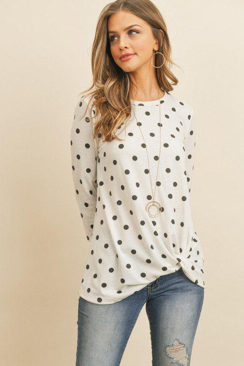 S12-9-3-RFT2320-RPD009-IVBK - POLKA DOT QUARTER SLEEVE KNOT TOP- IVORY/BLACK 1-2-2-2